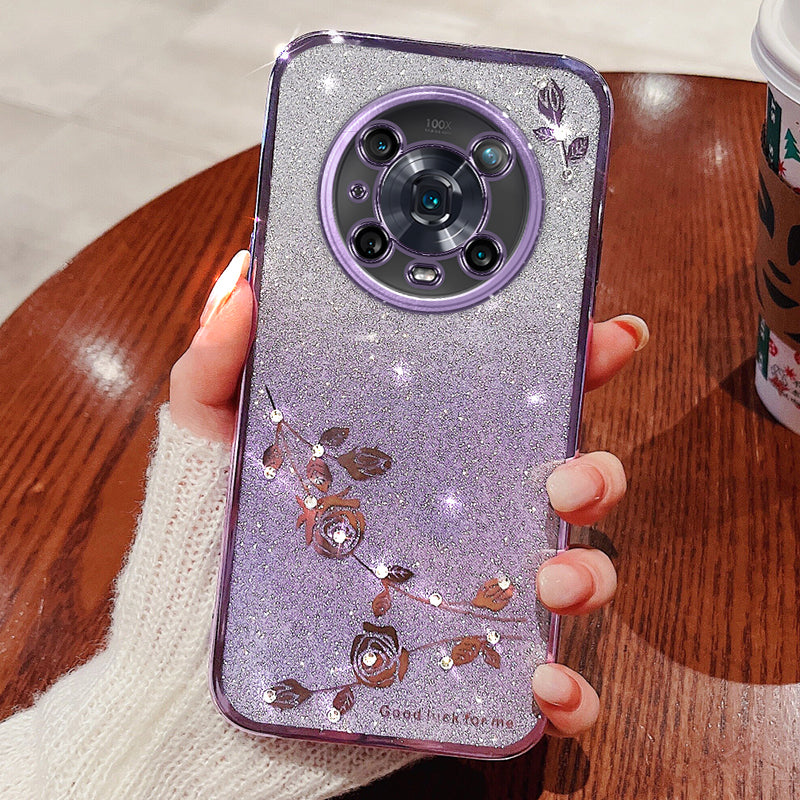 For Honor Magic4 Pro 5G Gradient Glitter Powder Soft TPU Anti-drop Cover Rhinestone Decor Flower Pattern Protective Case For Honor Magic4 Pro 5G Gradient Glitter Powder Soft TPU Anti-drop Cover Rhinestone Decor Flower Pattern Protective Case